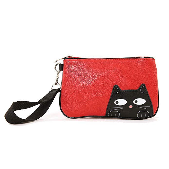 Sleepyville Critters Peeking Black Cat Vinyl Wristlet (red)