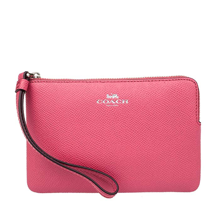 Coach Crissgrain Leather Corner Zip Wristlet Strawberry