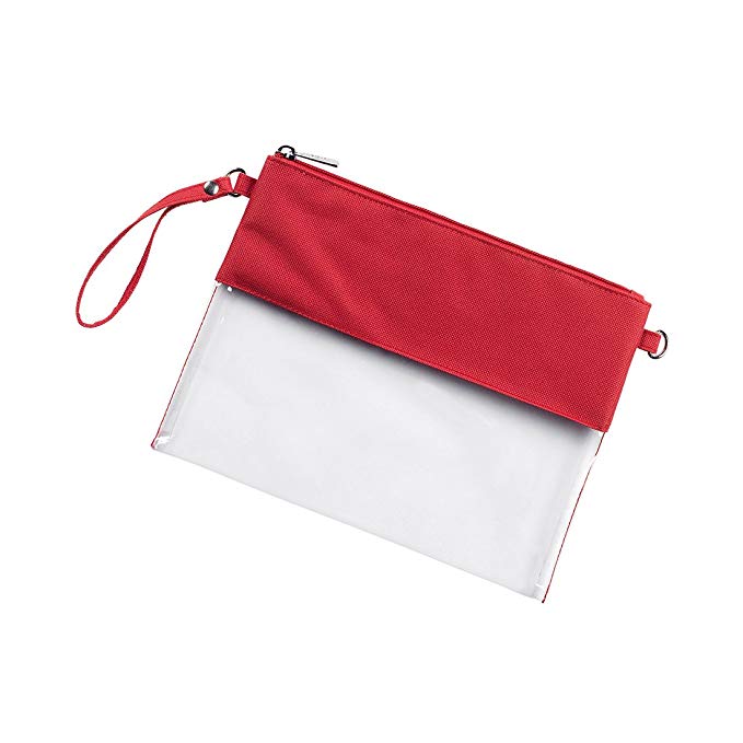 Personalized Red Custom Stadium Clear Zip Pouch with Detachable Crossbody Strap and Wristlet