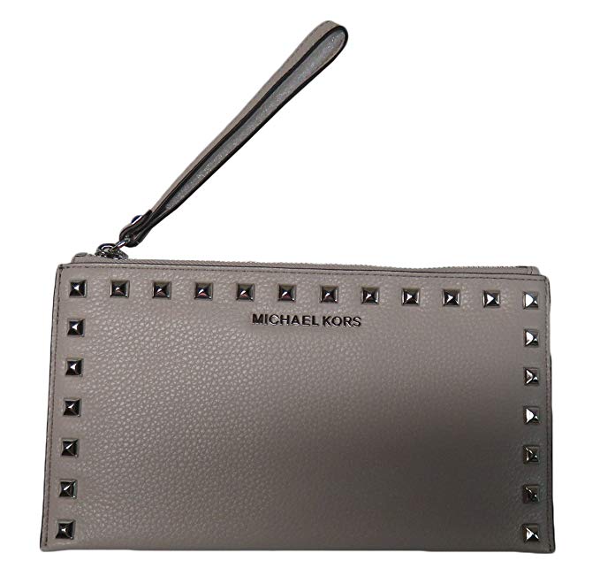 Micheal Kors Bedford Leather Studded Large Zip Clutch Wristlet Cement