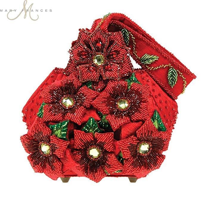 Mary Frances Merriment Beaded Jeweled Poinsettia Christmas Holiday Red Handbag Wristlet