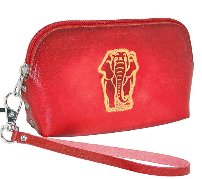 Genuine Leather Wristlet Change Purse, Red Elephant Pattern Embossed, Truly Handmade.