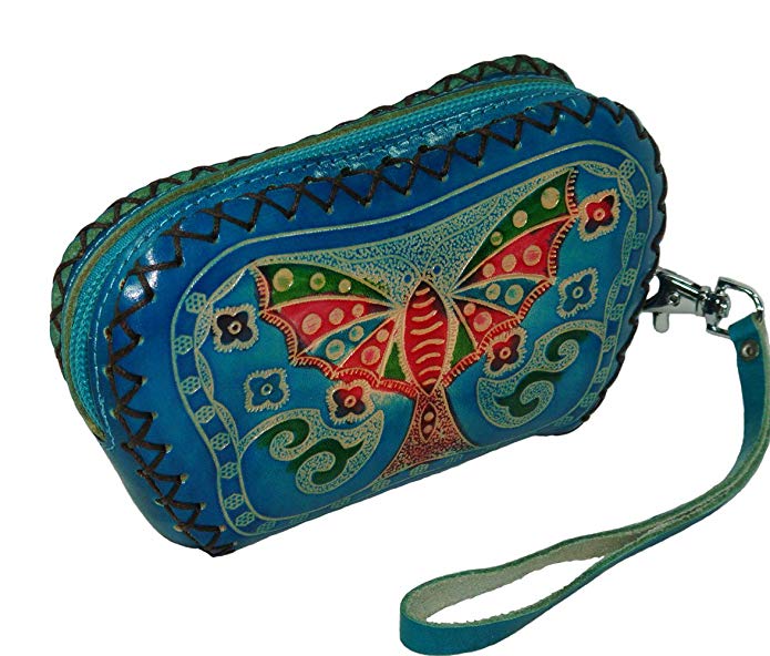 Designer Genuine Leather Wristlet Purse, Blue Base with Butterfly and Flower Pattern