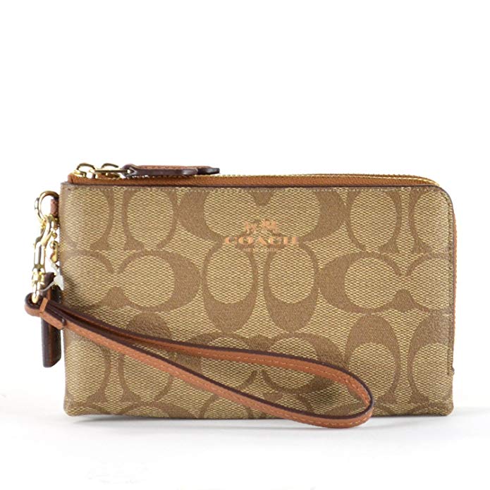 COACH Outlet Womens PVC Signature Leather Double Zip Wallet Wristlets F66506 Khaki Saddle