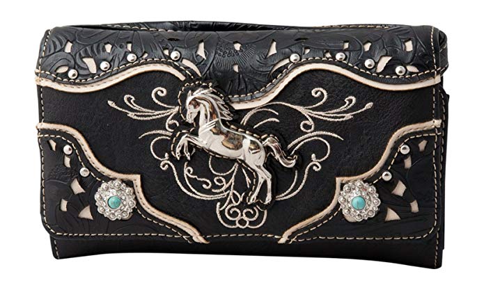 HW Collection Western Horse Equestrian Embroidery Tooling Crossbody Wristlet Clutch Wallet