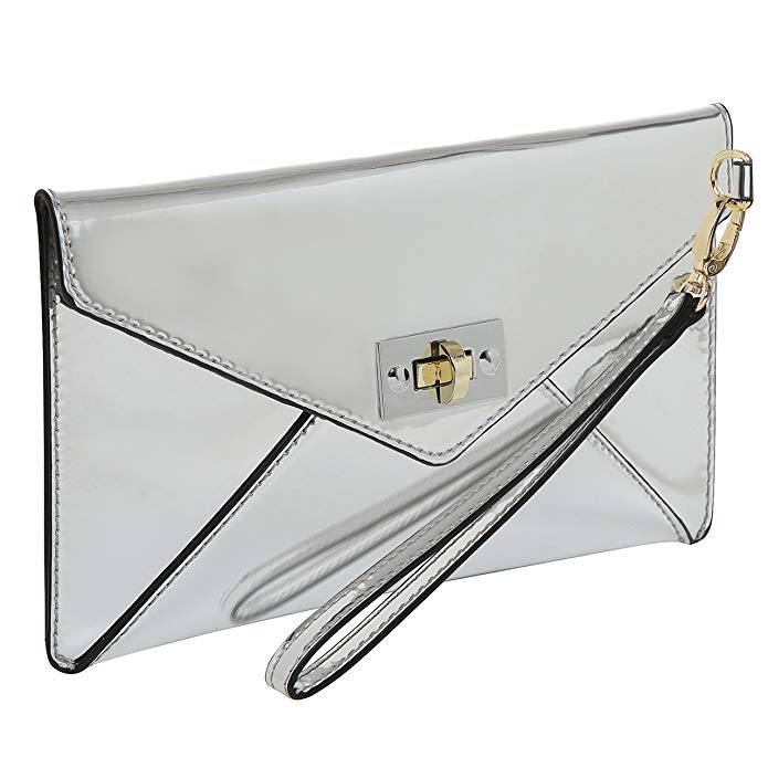 MG Collection Modern Mirror Silver Wristlet Clutch / Envelope Wallet Purse