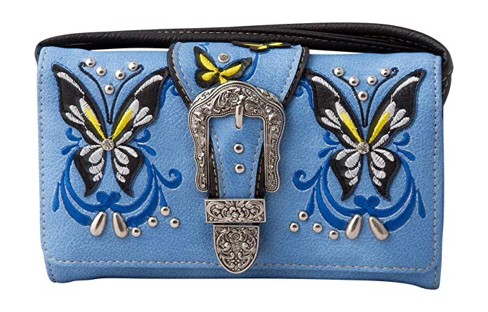 HW Collection Western Butterfly Buckle Rhinestone Crossbody Wristlet Clutch Women Purse Wallet