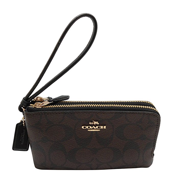 Coach Signature PVC Double Corner Zip Wristlet Brown Black 7039