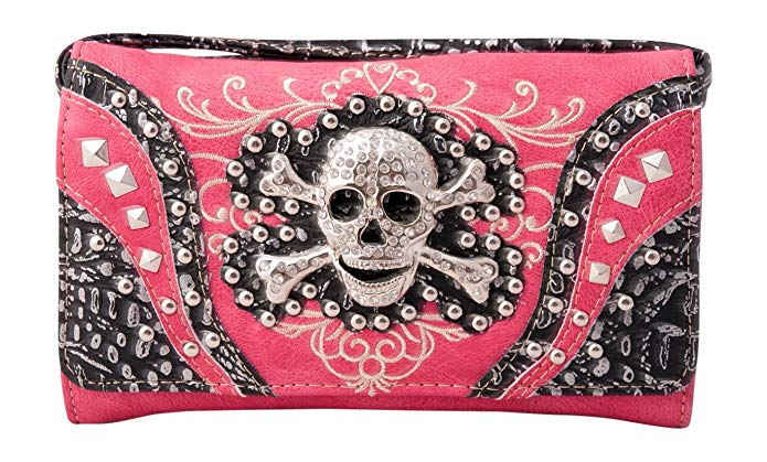 HW Collection Western Studded Rhinestone Skull Crossbody Wristlet Clutch Wallet