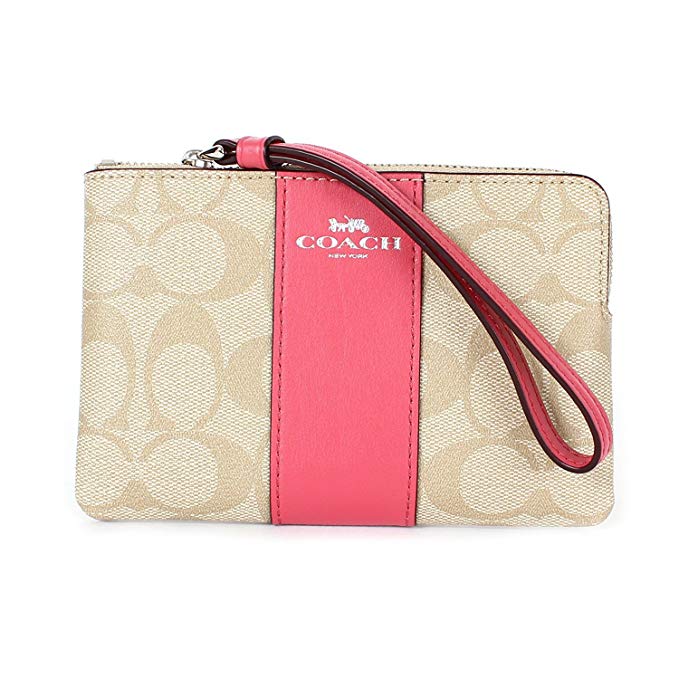 Coach Signature PVC Corner Zip Wristlet Light Khaki/Strawberry