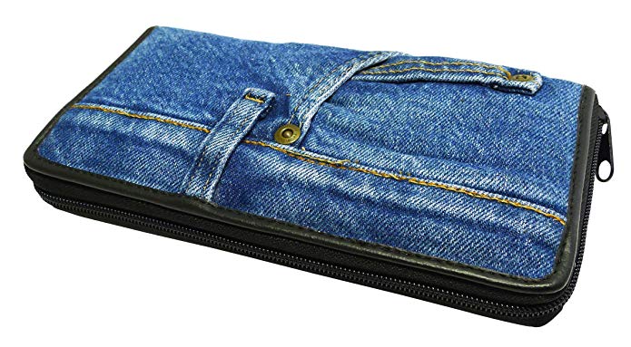 Bijoux De Ja Women Blue Denim Money Zip Around Wallet Wristlet Purse Clutch