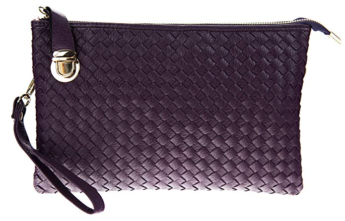 Proya Collection Buckle Lock Woven Leather Large Wristlet Clutch