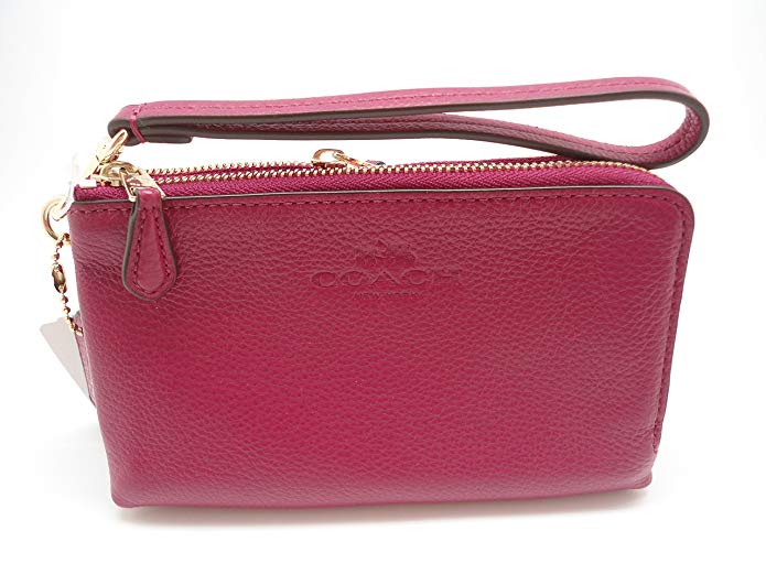 Coach Pebble Leather Double Corner Zip Wristlet Cranberry 64130