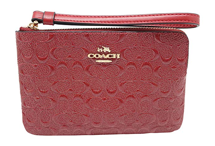 COACH F58034 SIGNATURE DEBOSSED PATENT LEATHER CORNER ZIP WRISTLET DARK RED