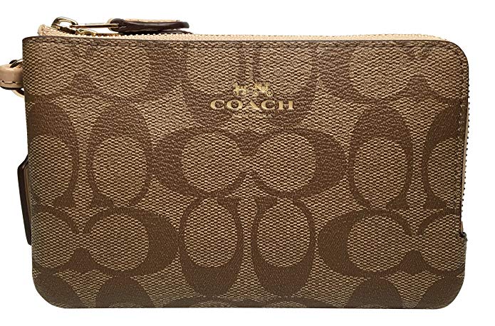 COACH Signature PVC Double Corner Zip Wristlet Wallet F66506 Khaki Platinum