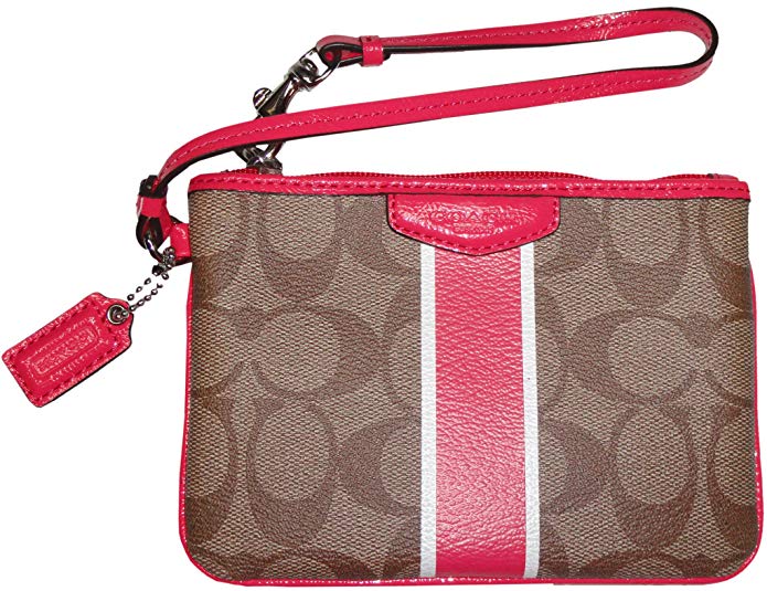 Coach Womens Signature Stripe PVC Small Wristlet Khaki/Pomegranate