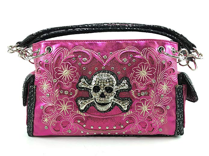 Justin West Rhinestone Skull Embroidery Floral Design Shoulder Chain Handbag and Wristlet Trifold Wallet Attachable Long Strap