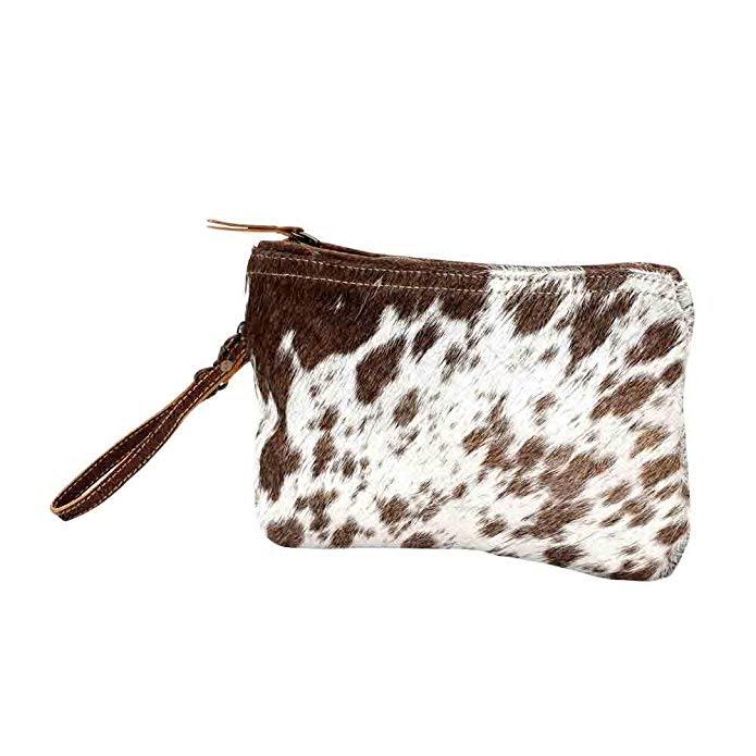 Wristlet Handbag - Cow Hide - White & Brown Small W/Zipper top - 6