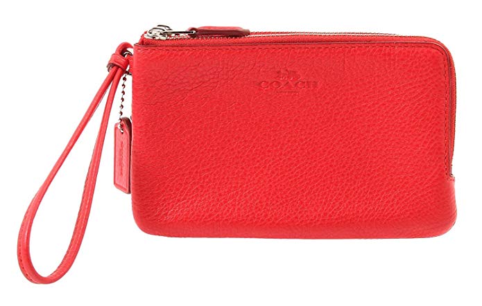 Coach Pebble Leather Double Corners Zip Wristlet in Bright Red