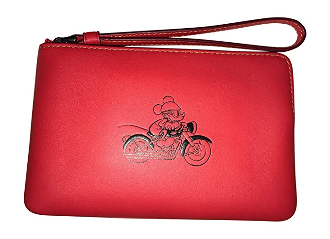 Coach X Disney Limited Edition Leather Corner Zip Wristlet, Red, Mickey on Motorcycle