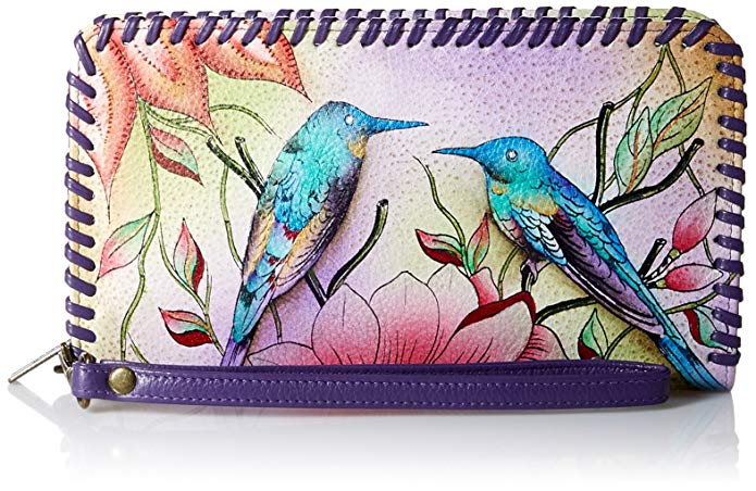 Anuschka Handpainted Leather Zip Around Wristlet With Removable Strap,Spring Passion Wallet