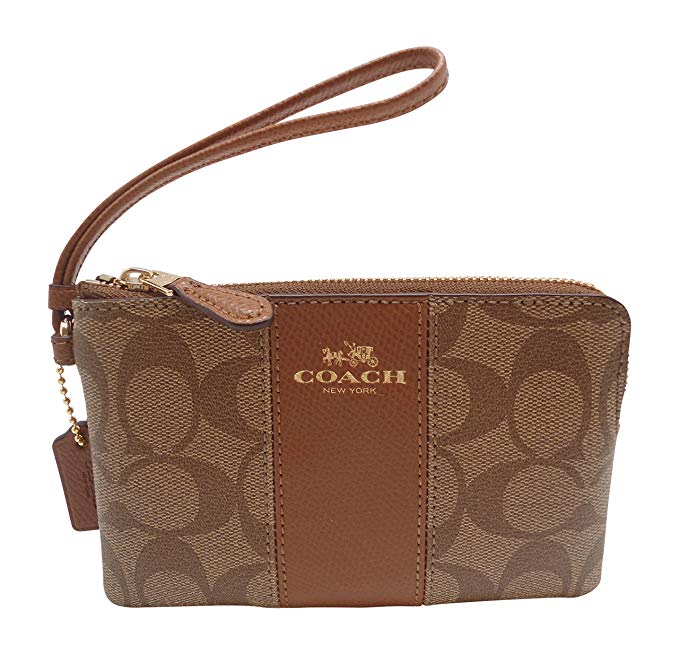 Coach Crossgrain Leather Corner Zip Wristlet Khaki Saddle