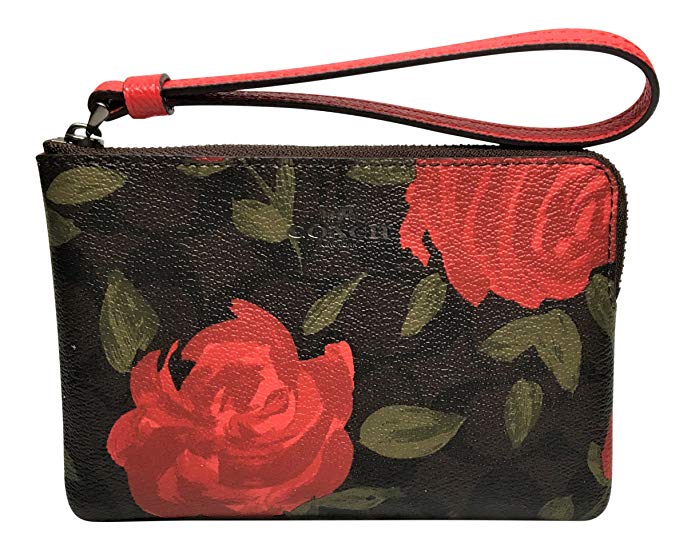 Coach Corner Zip Camo Rose Floral Print Small Wristlet Brown Red